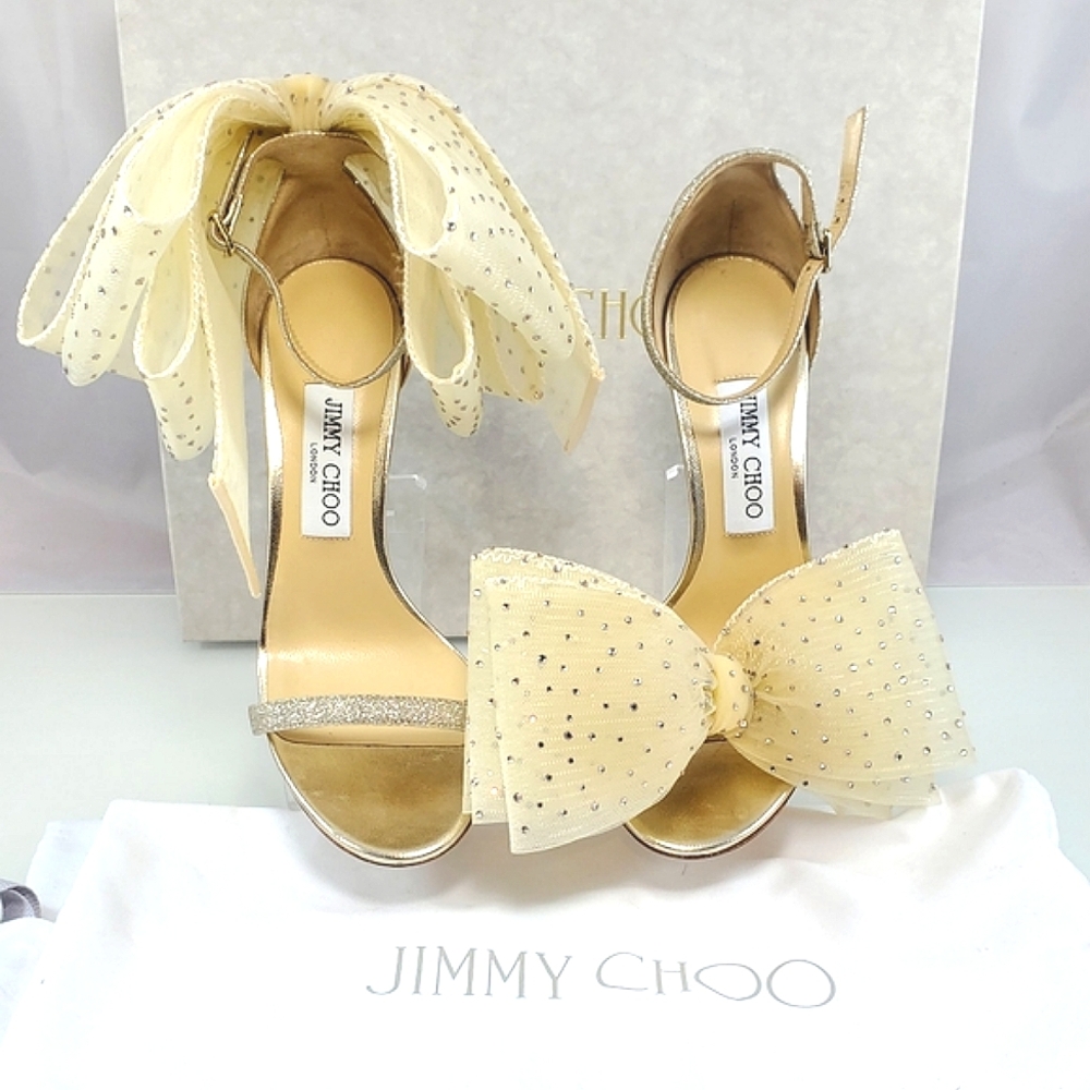 NWT$1,550 Jimmy Choo Aveline 100 Bow Glittered Crystal Sandals Heels Sz 38.5